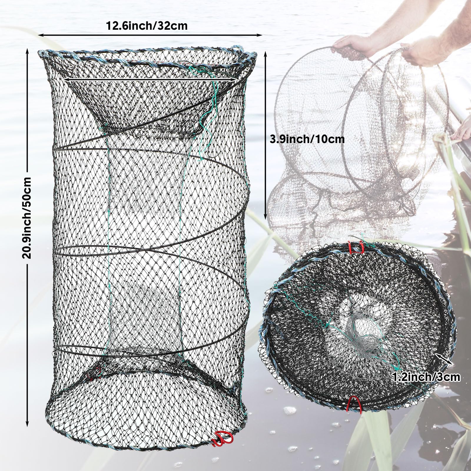 JaGely 5 accesorios de red de pesca que incluyen red de aterrizaje de pesca con asa, red de fundición plegable portátil de 26 x 13 pulgadas, 8 agujeros y 8 lados, trampa de cebo de pesca plegable, red