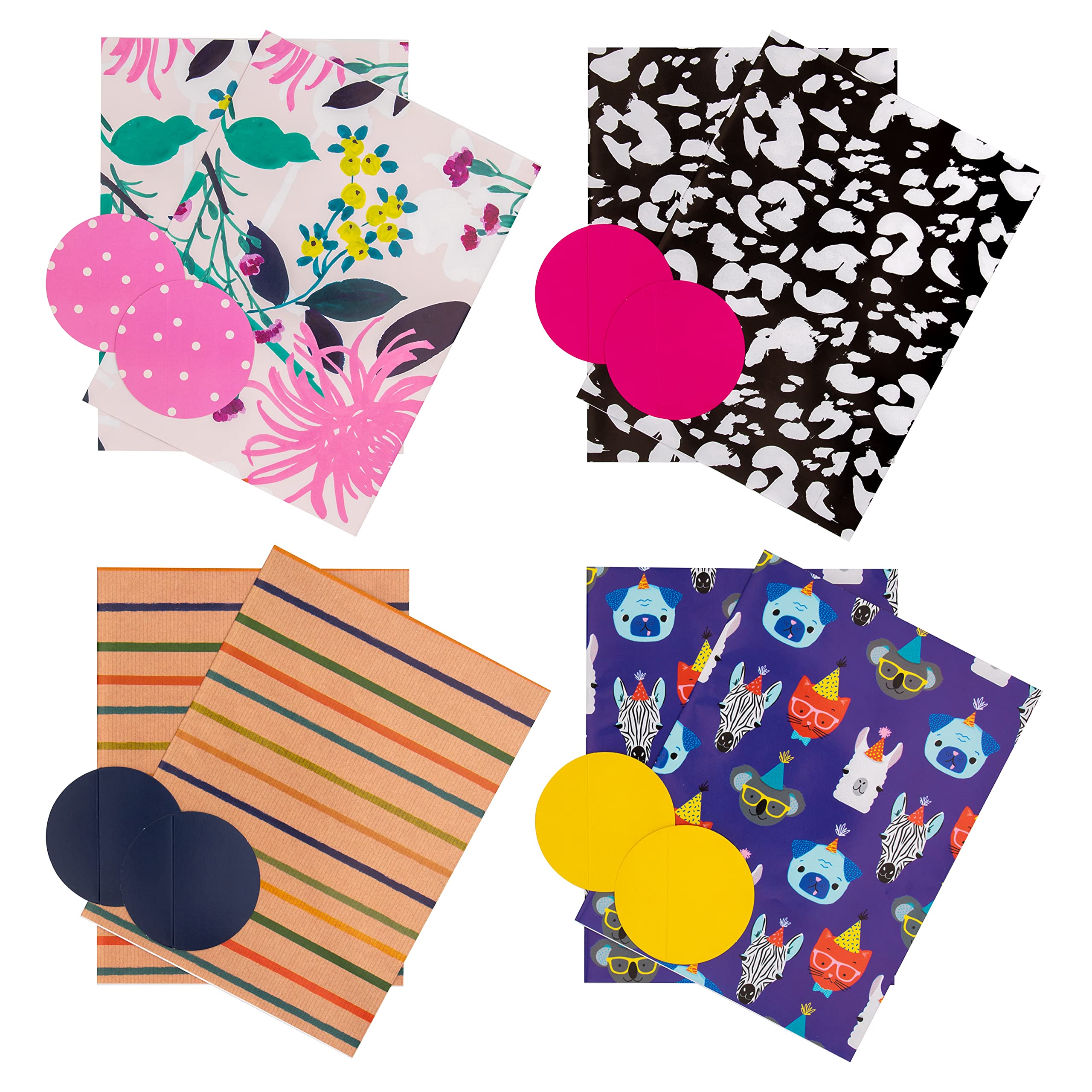Hallmark Any Occasion Wrapping Paper And Gift Tag Pack Bundle - 8 Sheets And 8 Tags In 4 Fun Patterned Designs