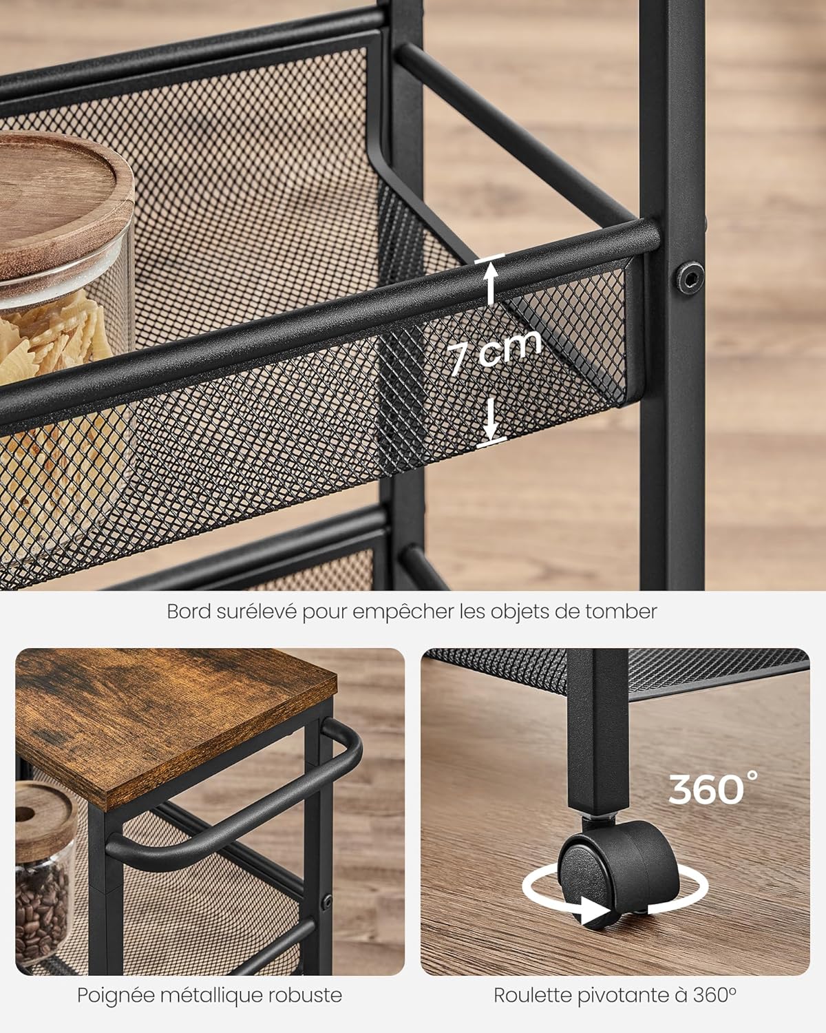Close-up of cart features: handle, raised edge, and 360-degree swivel wheels
