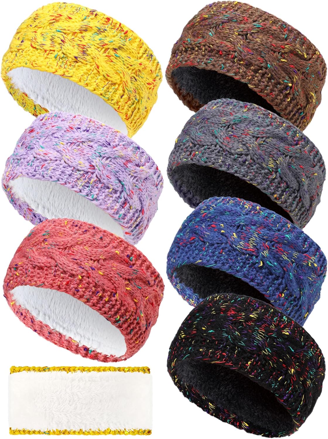 Geyoga 7 Pcs Women Winter Headbands Ear Warmer Women Knit Cable Headbands Fleece Lined Cold Weather Ear Muffs