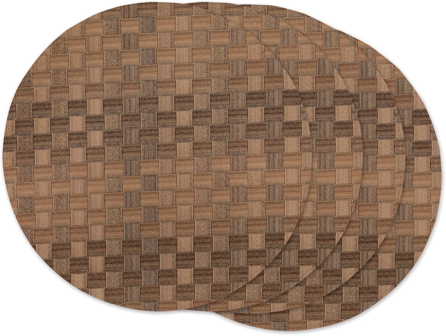 DII PVC Tabletop Collection Decorative Woven Basketweave Design, Placemat Set, 15" Round, Leather Brown