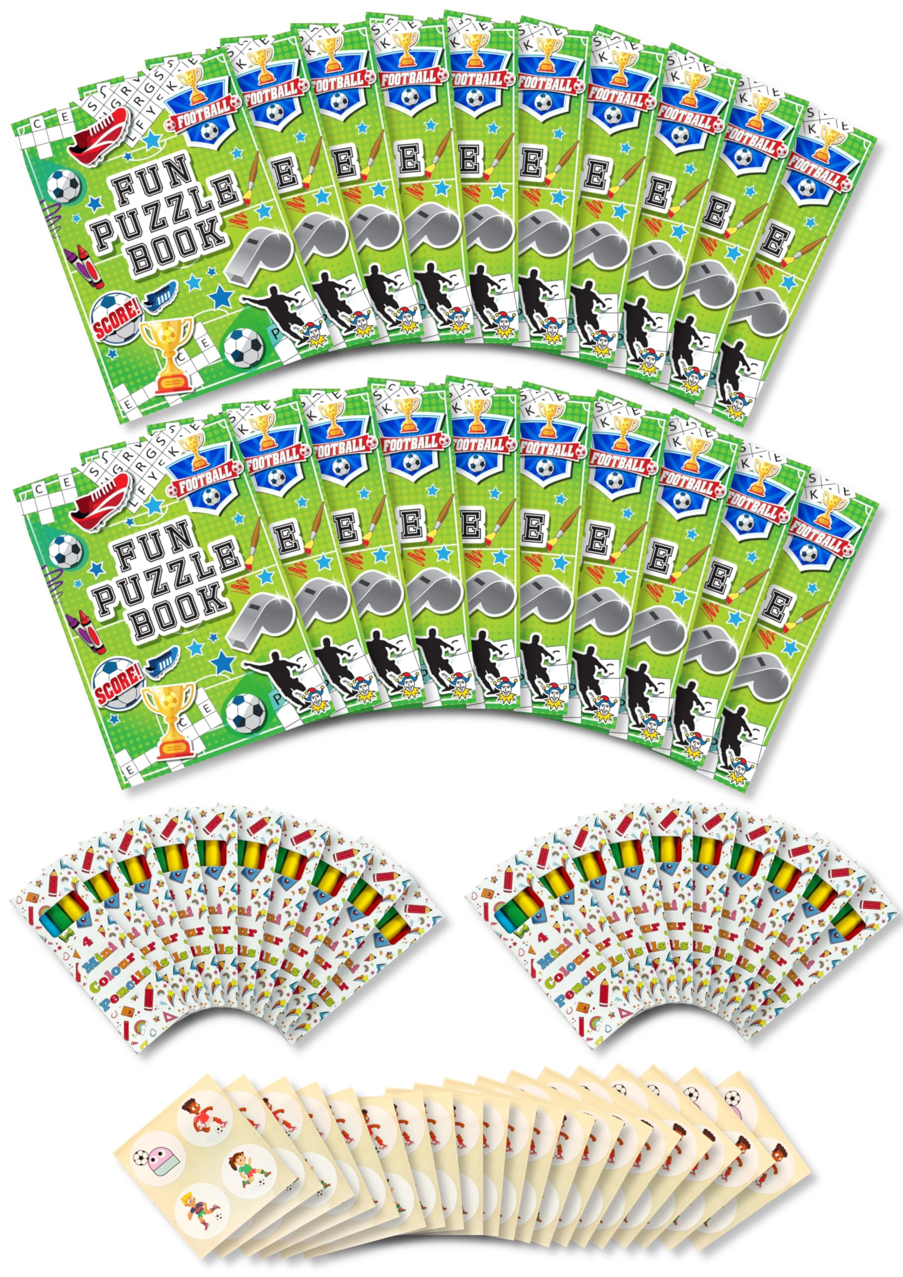 Anila's Assortment of 20 Football Themed Activity Books with colouring & Puzzles, 20 Sheets of Stickers & 20 Pencils, Children Birthday Party Favours Bag Fillers, School Classrooms. — image 1
