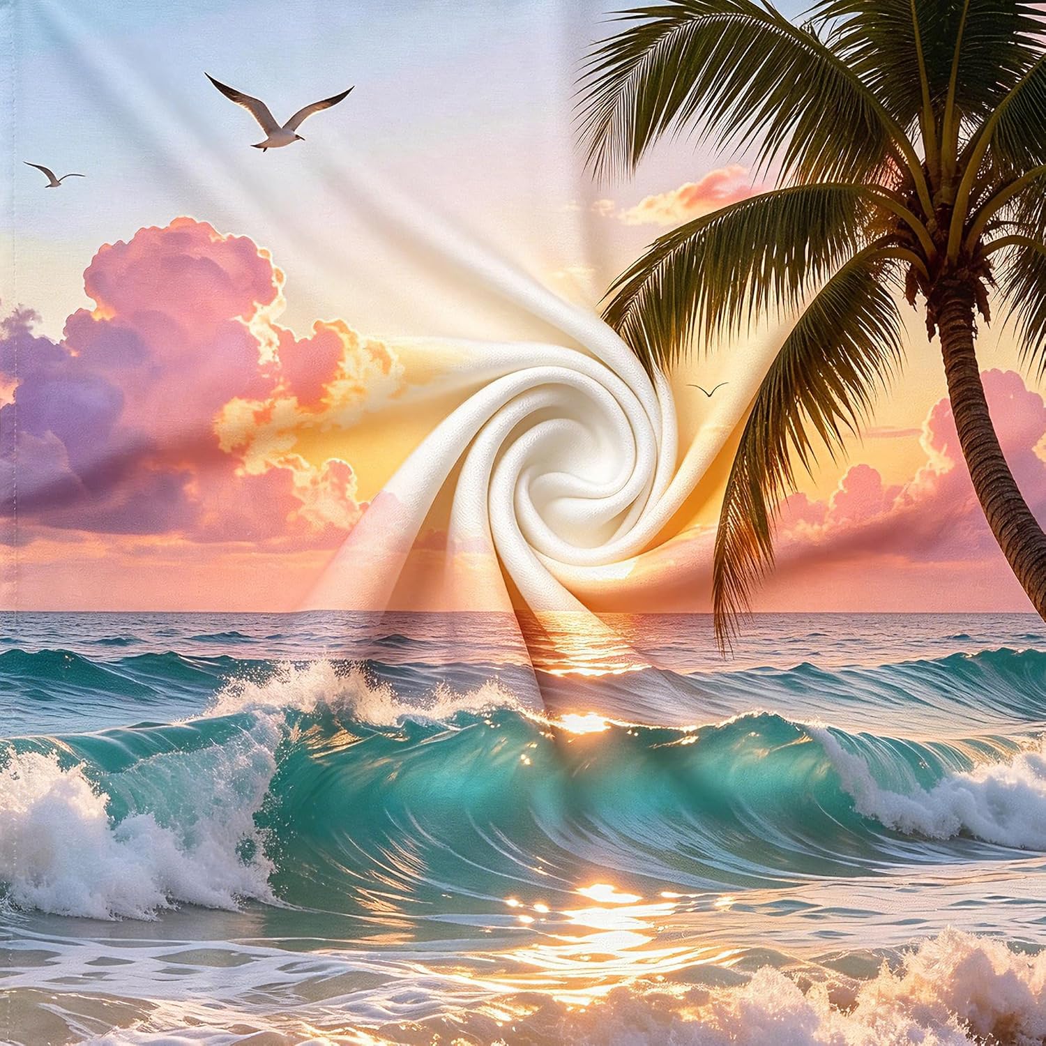 Tropical Sunset Beach Shower Curtain, Teal Blue Coastal Ocean Seascape with Coconut Palm, Seagull, Starfish & Seashells, Waterproof Polyester Fabric, 72x72 Inch Bathroom Decor, Sets with Hooks