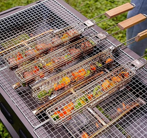 Miniatura 5 de 4 cestas extralargas de acero inoxidable de 22 pulgadas con mango plegable, rejilla de malla de 0.4 pulgadas y cesta de parrilla de fácil bloqueo,