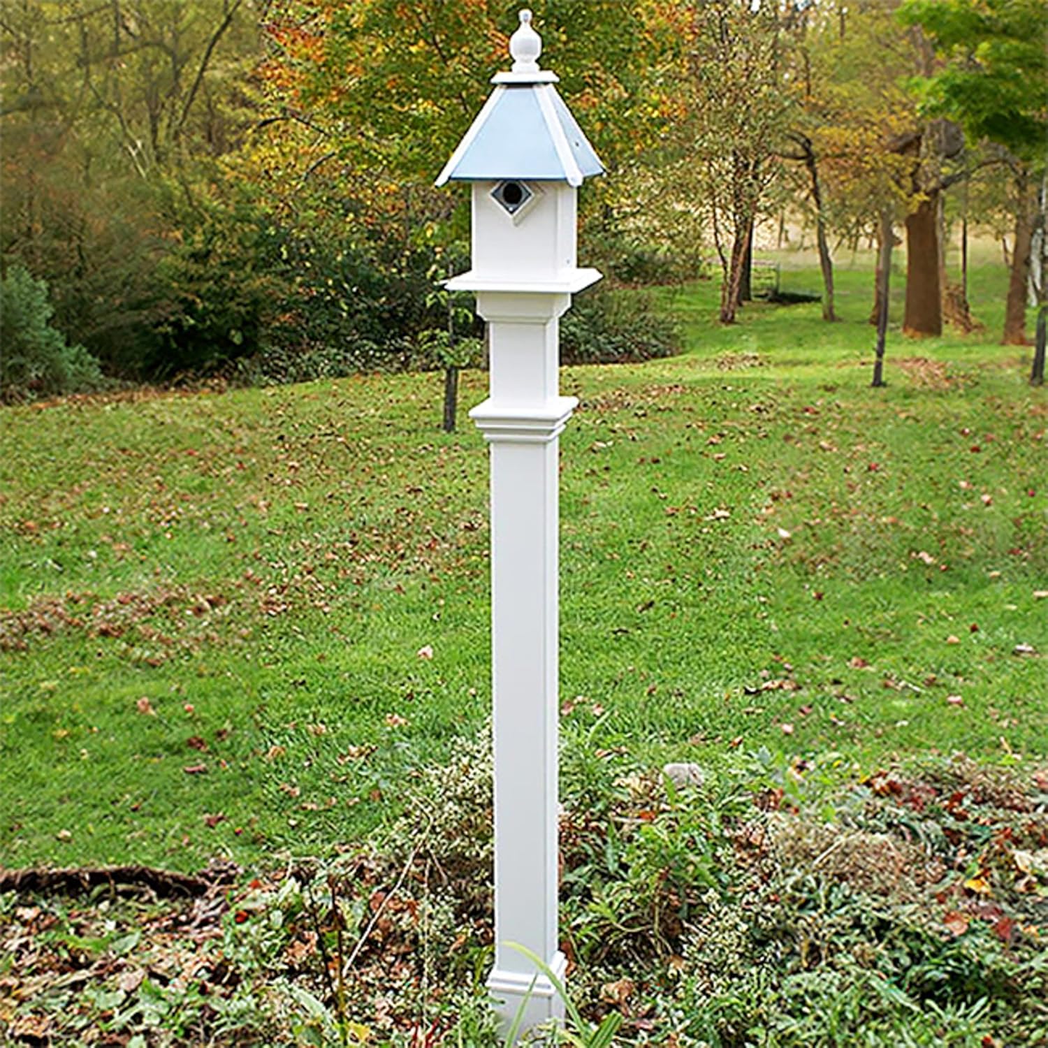 Camellia Bird Feeder with Decorative Mounting Post, Copper Colored Roof, 2 Quart PVC Seed Feeder with White Vinyl Post and Ground Anchor, Elegant Outdoor Bird Feeding Station