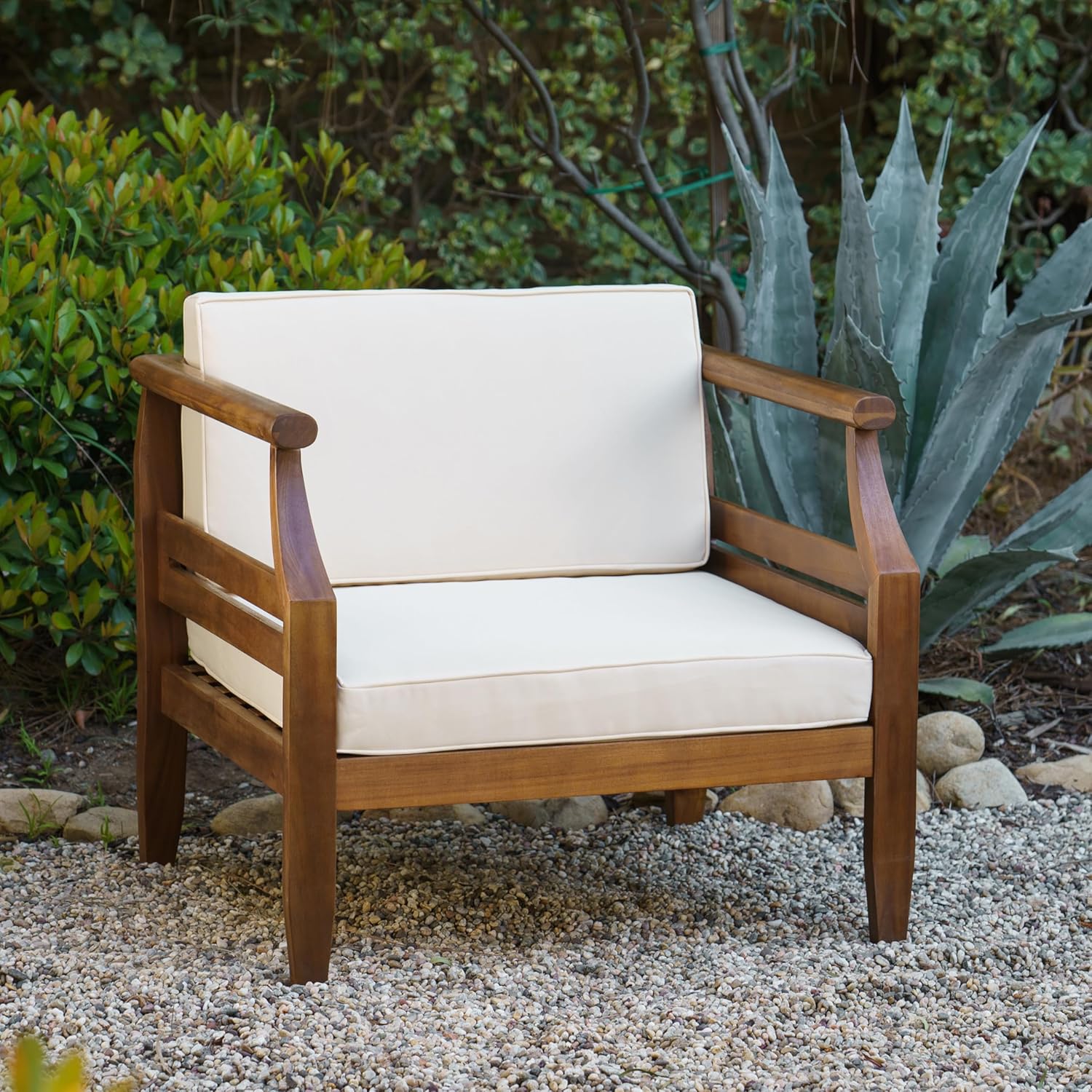 Linon Harbor Oiled Acacia Wood Outdoor Arm Chair with Removable Cream Cushions