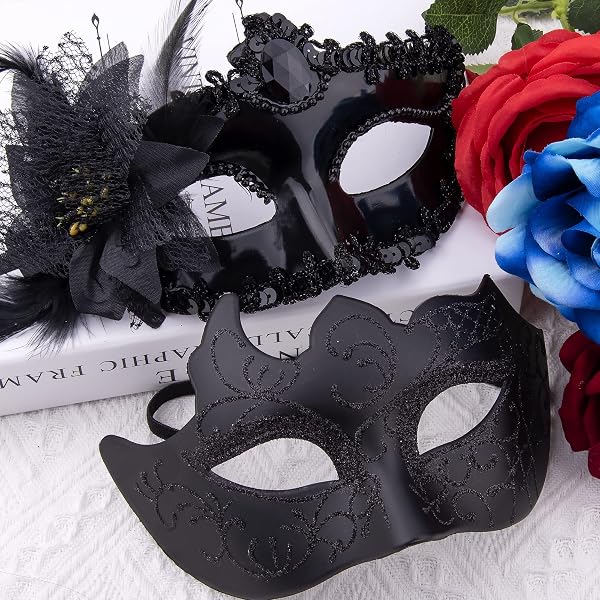 SIQUK 2 Pièces Masque Vénitien Couple Femme Homme Bal Masqué pour Les Yeux pour Halloween Mascarade Carnaval, Noir - 4