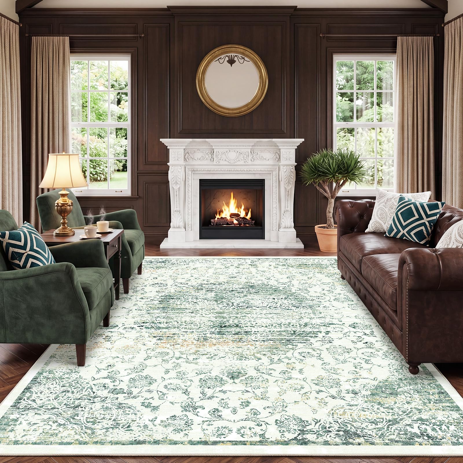 Autsel Living Room Rugs 200x300cm, Extra Large Washable Rug, Non Slip Low Pile Area Rugs, Vintage Rug, Multi-use Durable Floor Carpet for Bedroom, Kitchen, Runner Rugs for Hallway, Sage Green