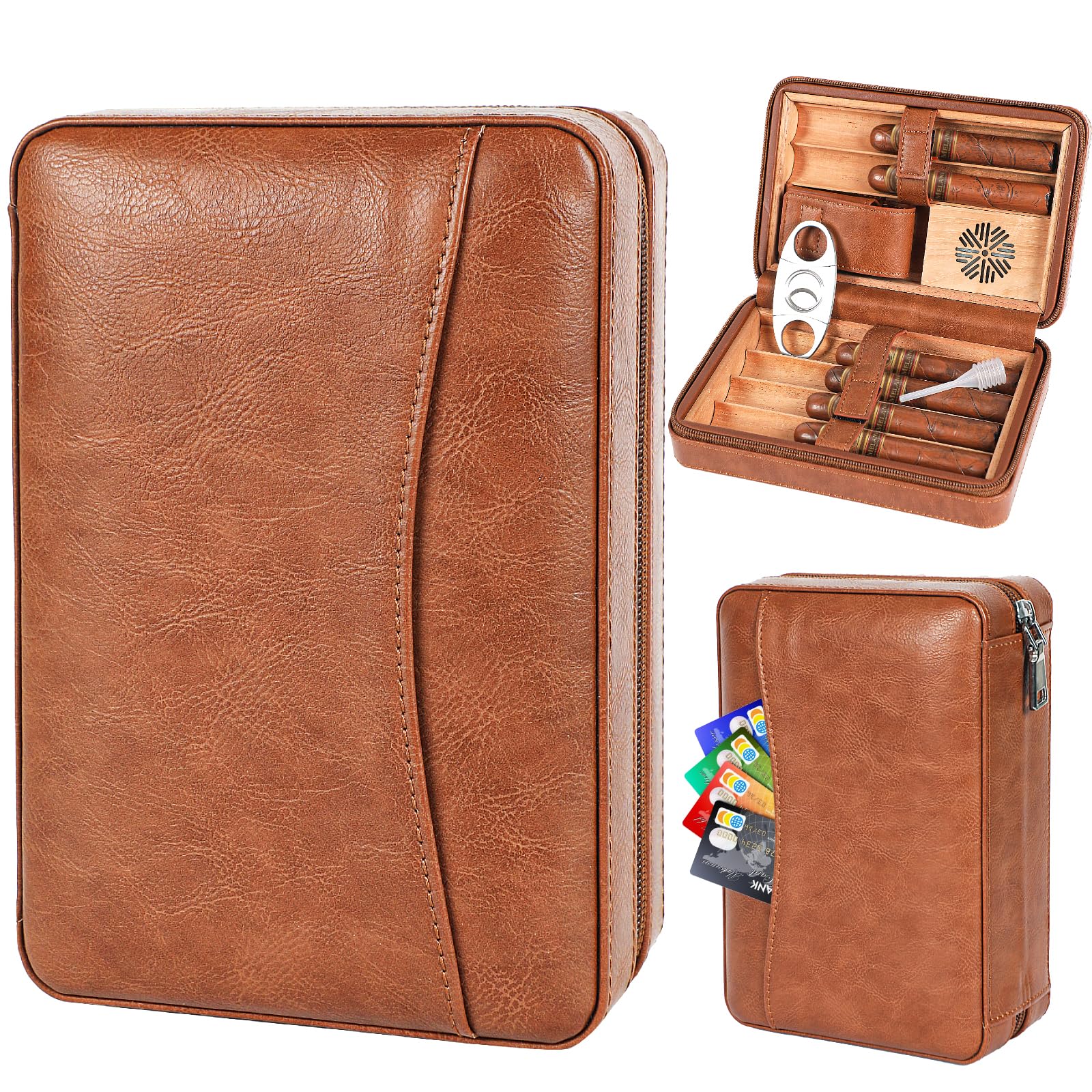 Platz für 6 Zigarren, Zigarrenhumidor, hochwertiges Leder, Zigarrenkiste, Zigarrenschneider, tragbarer Reise-Zigarrenhumidor mit Befeuchter, Kartenfach, Männer