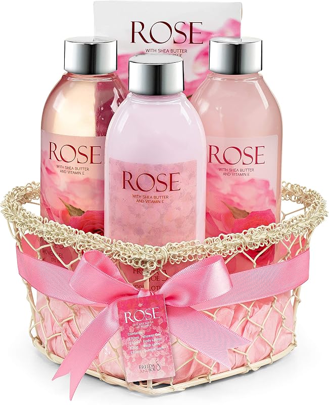 Kit para Banho e Corpo em Cesta de Coração Rosa com Fragrância de Rosa Freida and Joe