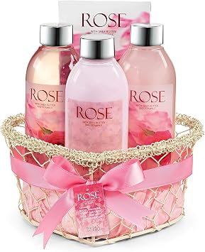 Heart Pink Rose Spa Bath and Body Gift Basket for Women with Shower Gel,