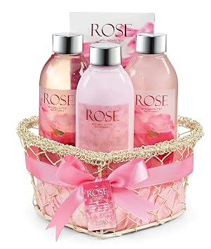 Heart Pink Rose Spa Bath and Body Gift Basket for Women with Shower Gel, Bubble Bath and Body Lotion and Bath Salt Bath Gift Set