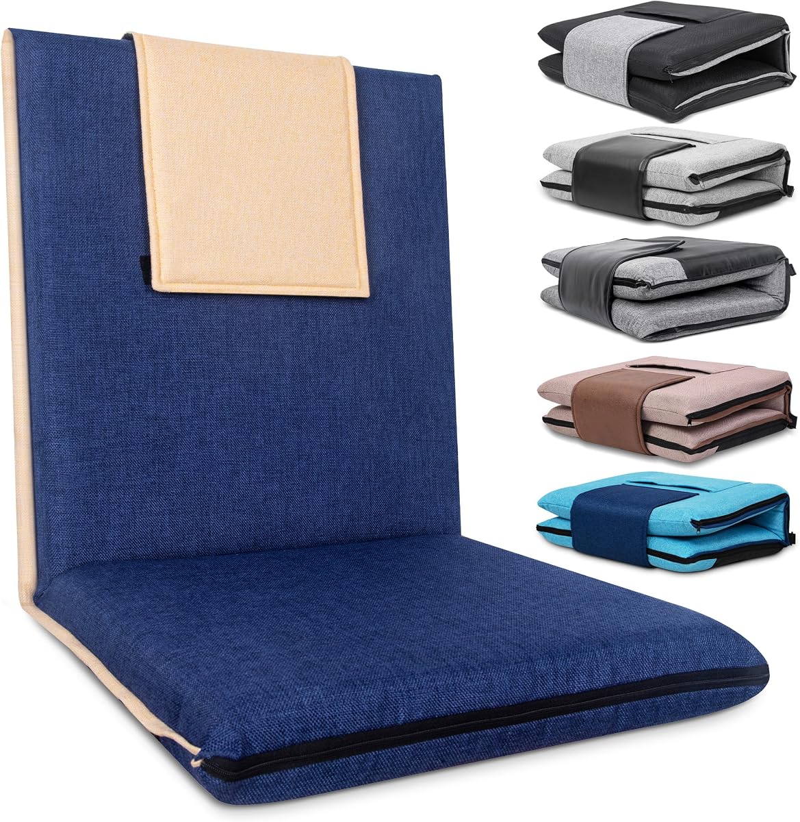 FASTMOMENT 14-Position Adjustable Floor Chair with Back Support - Portable Gound Seating for Adults & Kids, Foldable Meditation Chair with Japanese KOYO Bearings & Washable Linen Cover (Blue)