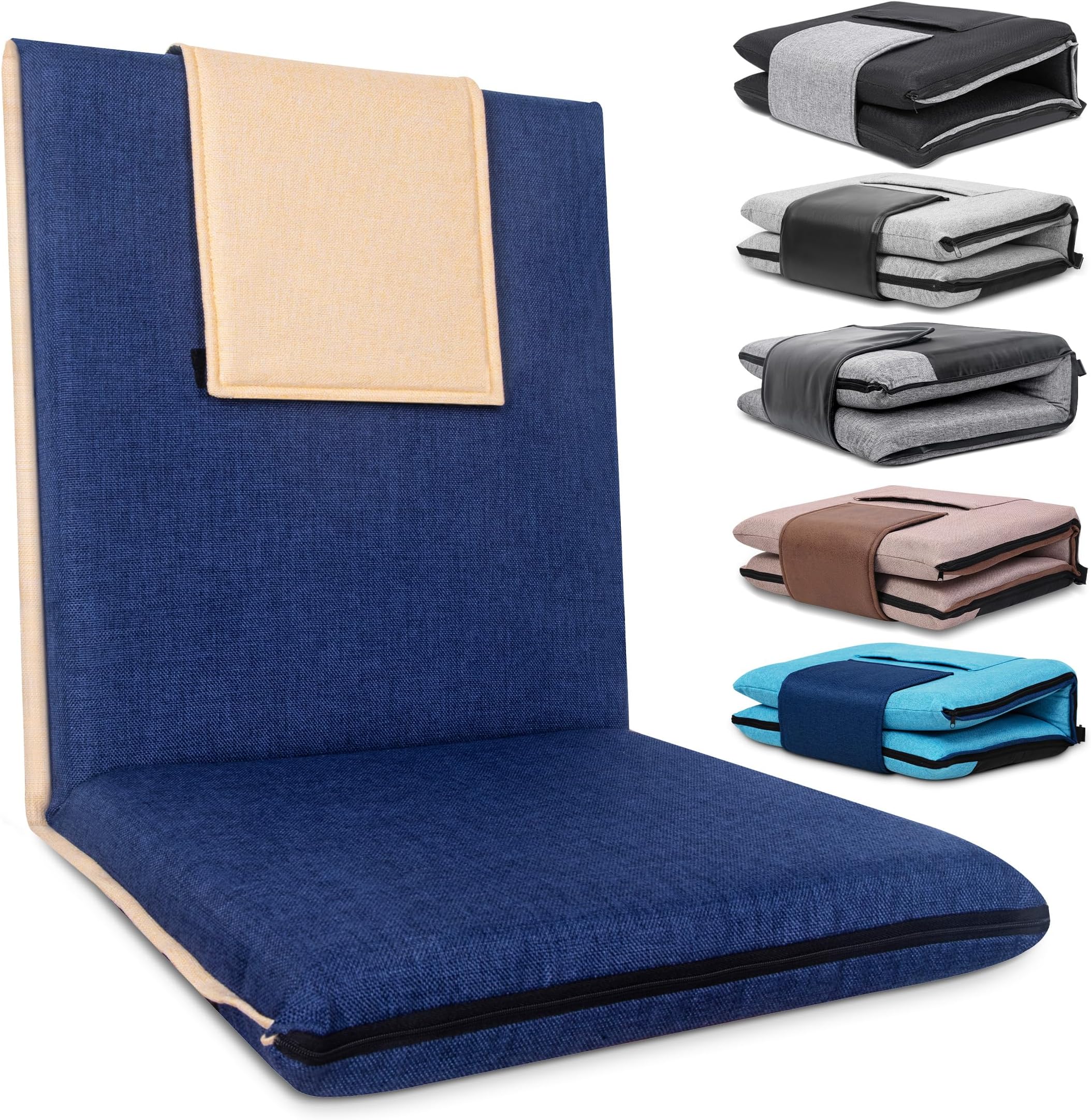 14-Position Adjustable Floor Chair with Back Support - Portable Gound Seating for Adults & Kids, Foldable Meditation Chair with Japanese KOYO Bearings & Washable Linen Cover (Blue)