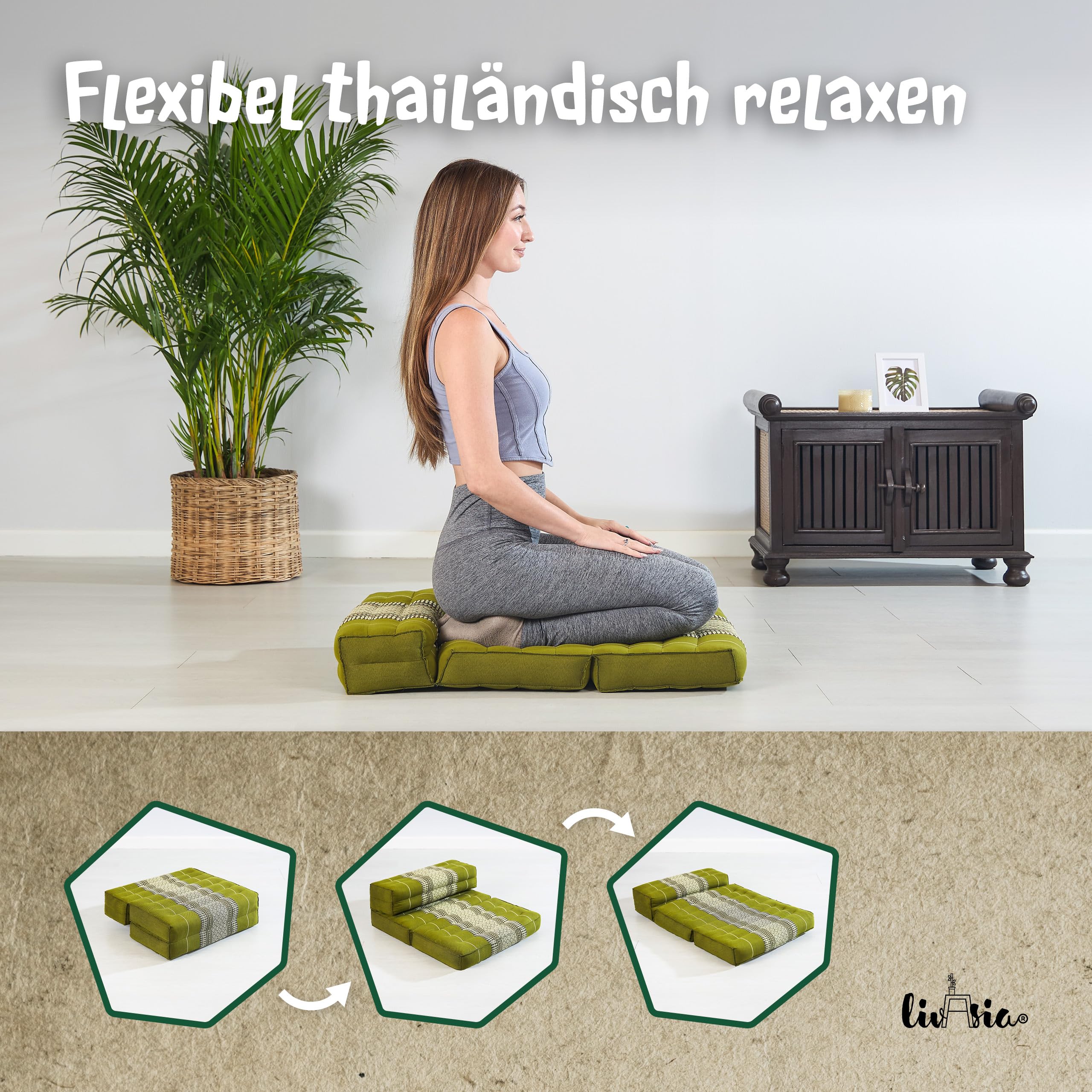 livasia Meditationskissen faltbar - 72x50x12cm - Zafukissen klappbar Zabuton für Yoga und Meditation, Meditationssitz mit Kapok, Sitzkissen Schneidersitz zum Klappen, handgefertigt