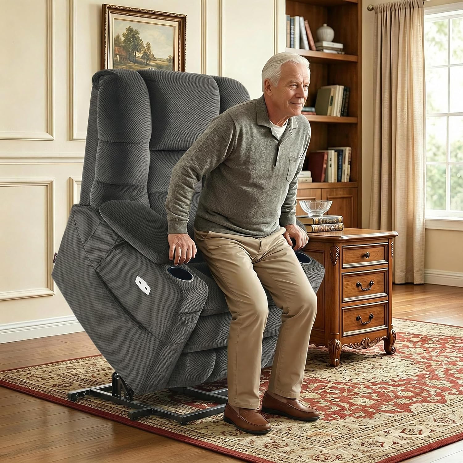 MCombo Large Triple Motor Power Lift Recliner Chair with Massage and Dual Heating, Adjustable Headrest for Tall Elderly People, Fabric 7634 (Grey, Large)