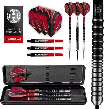 Harrows Predator 90% Tungsten Steel Tip Darts Set 21g, 22g, 23g, 24g, 25g & 26g - Includes Ultra Traction Grip, Supergrip Fusion Shafts, Prime Flights & Travel Case