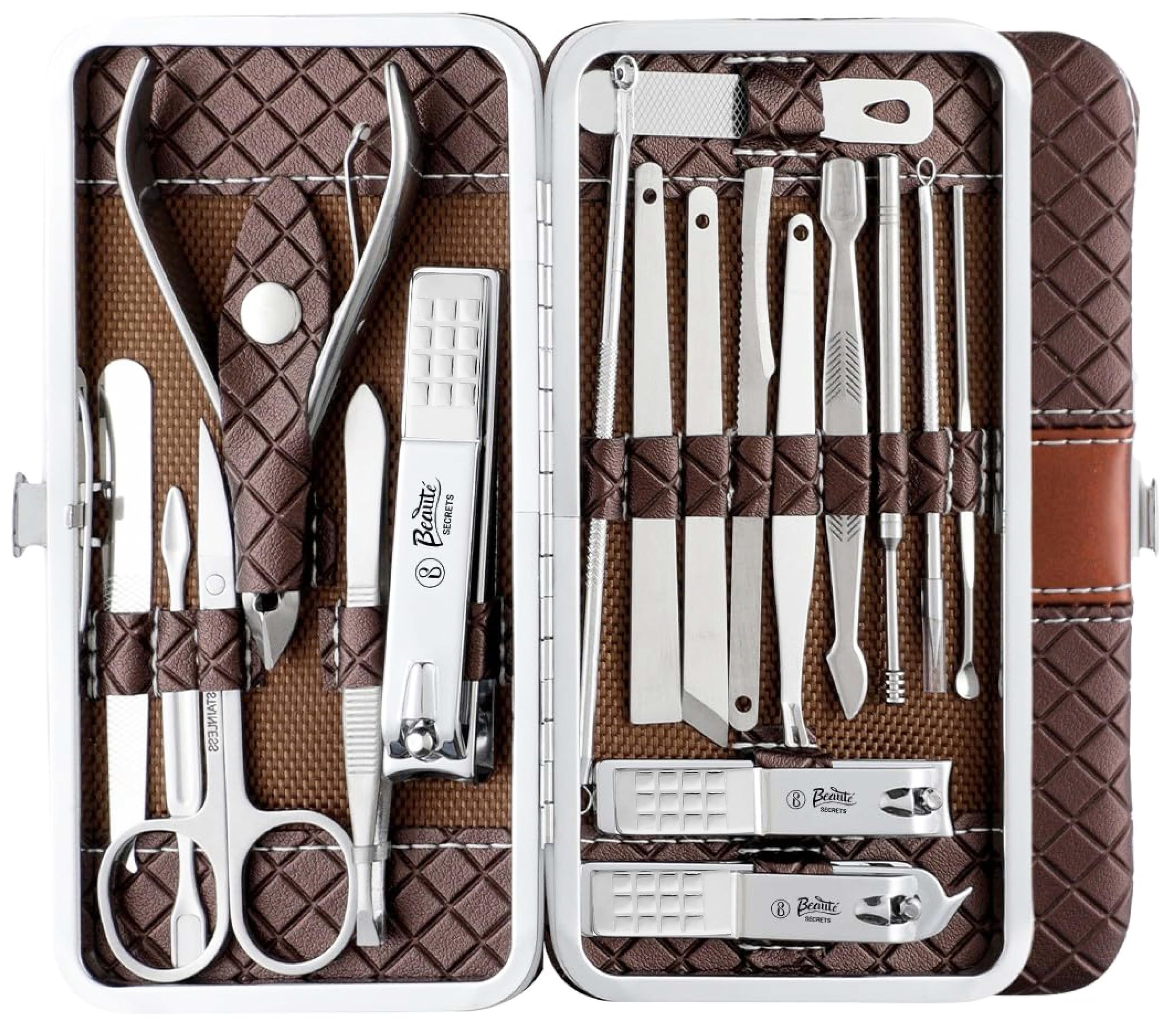 Beauté Secrets Essentials 18 Pieces Manicure Kit, Pedicure Tools for Feet, Nail Clipper, Ear Pick Tweezers, Manicure Pedicure Set for Women and Men (Brown)-image-39