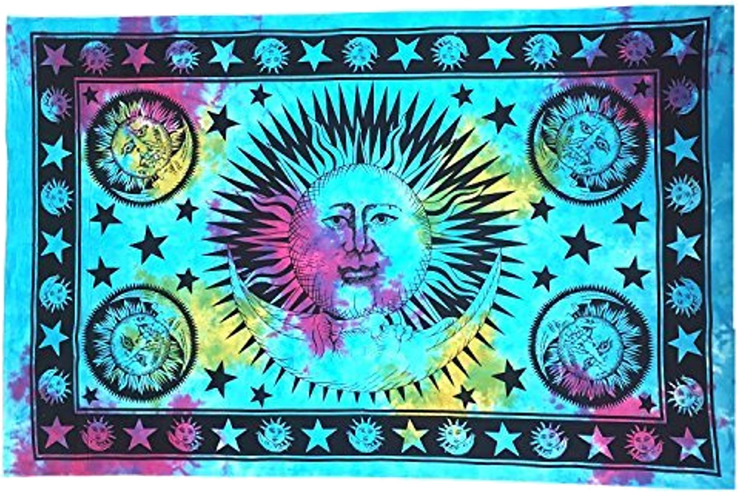 (TM) Blue Sun Moon Tapestry - Hippie Hippy Wall Hanging Indian Mandala Tapestry - The Finest Quality Bohemian Tie Dye Wall Decor