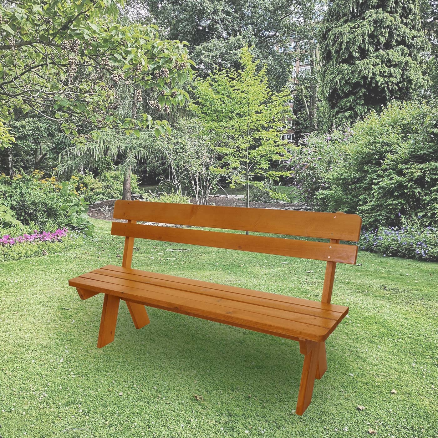 Mendler Gartenbank HWC-L66 Massiv-Holz FSC® 148cm - honigfarben | Sitzbank, Holzbank, Parkbank, Gastronomie-Qualität