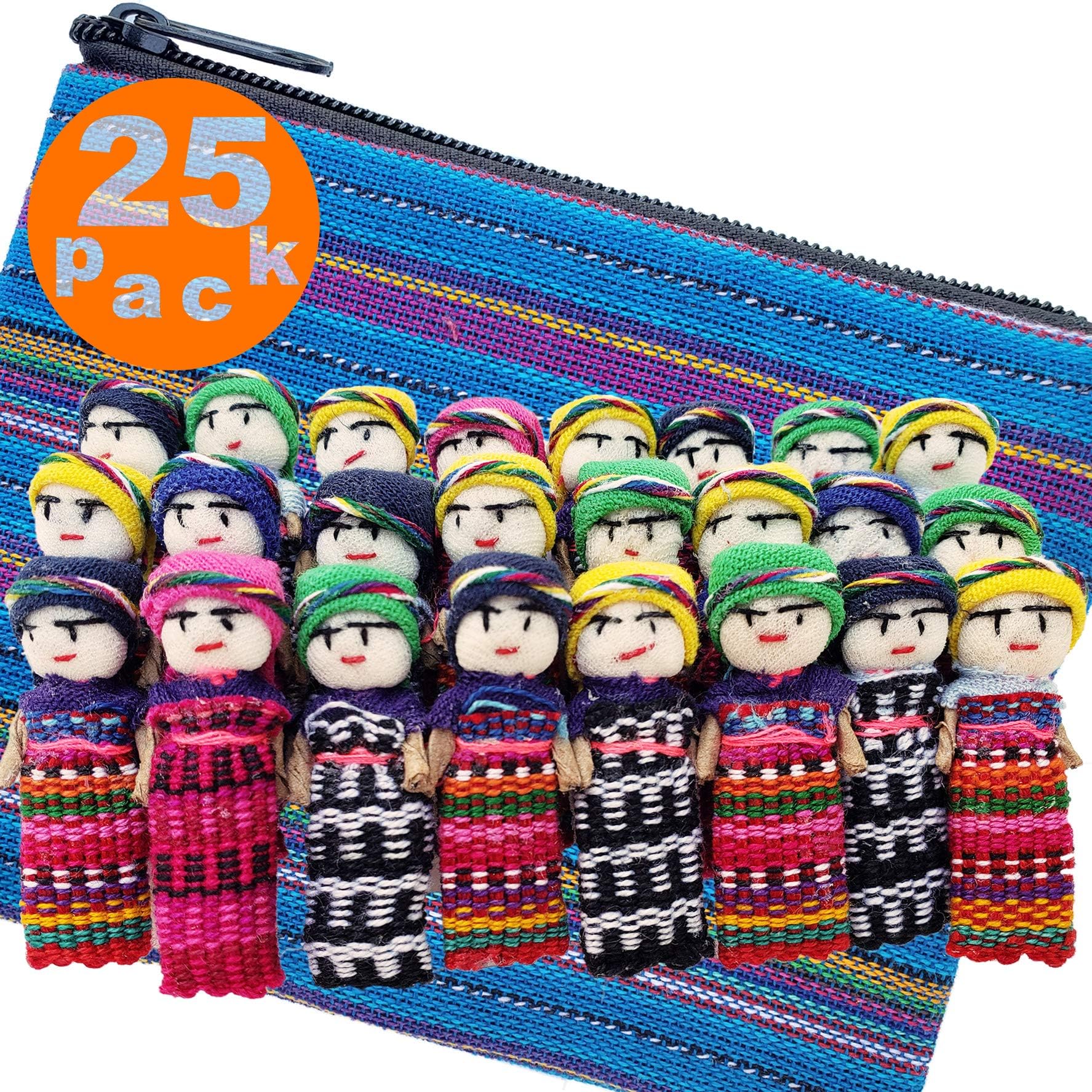 24 Super Cute Worry Dolls + 1 Free Guatemalan Fabric Bag Guatemala Dolls - Mayan - Worry People - Muñecas Quitapenas - Trouble - Anxiety - (1.5 in)