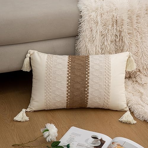 Mayler Yee Fundas de almohada lumbares de 12 x 20 pulgadas con borlas para sala de estar rural, fundas de almohada bohemias tejidas a rayas de