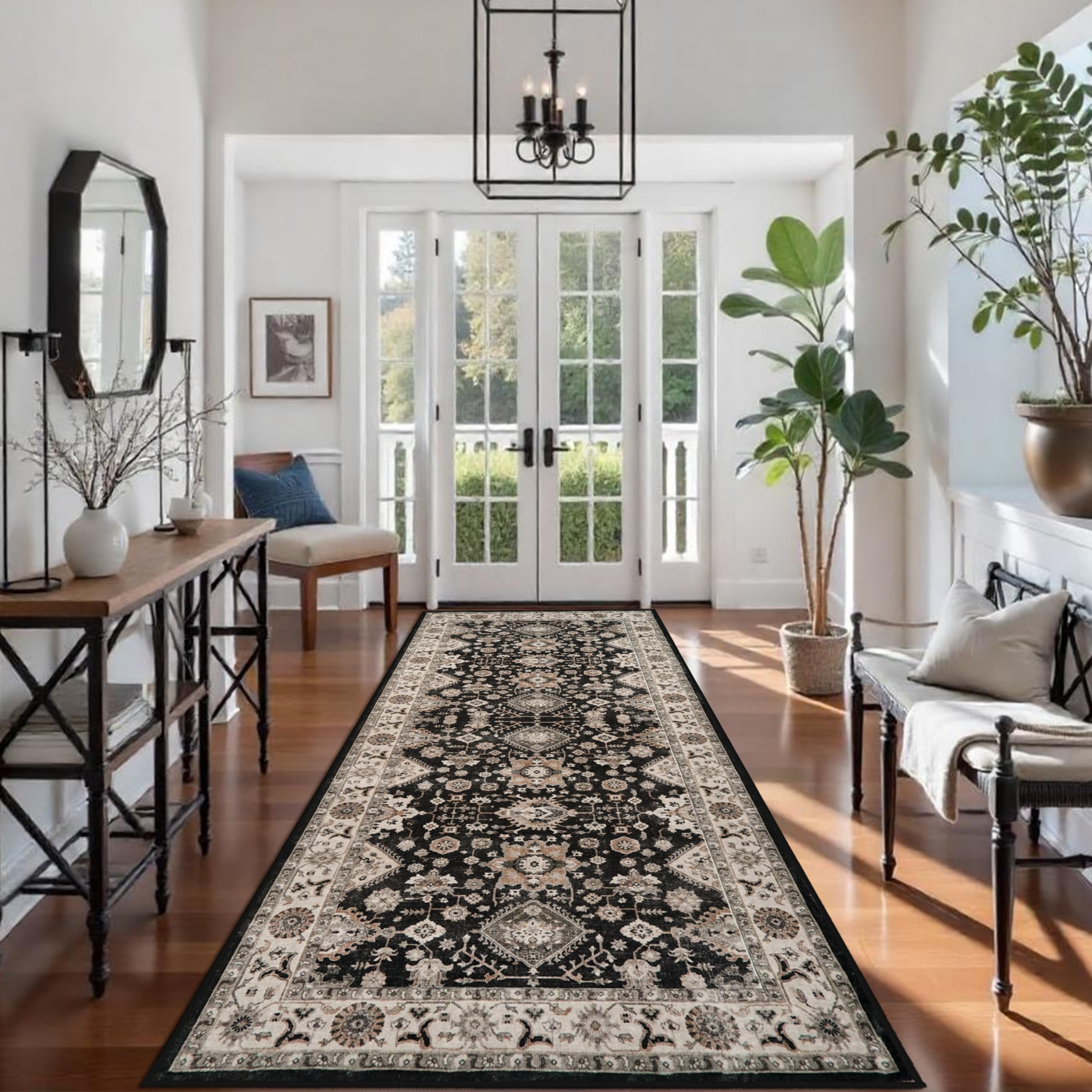 TOPRUUG Washable Hallway Runner Rug 4x10: Non Slip Runner Rugs with Rubber Backing Soft Kitchen Rug Farmhouse Distressed Carpet Runner for Living Room Bedroom Bathroom (Black, 4X10)