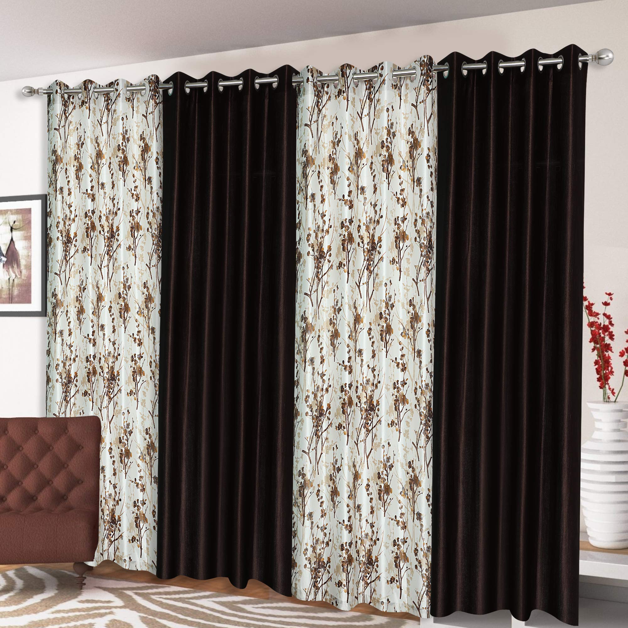 GRIHSHOBHA Heavy Polyester Solid Floral Print Door Room Darkening Thermal Insulated Window Door Curtains Parde for Bedroom, Living Room Hall Room, 9 Feet Long, Coffee, Set of 4 (B098167SNQ) Amazon Price History, Amazon Price Tracker