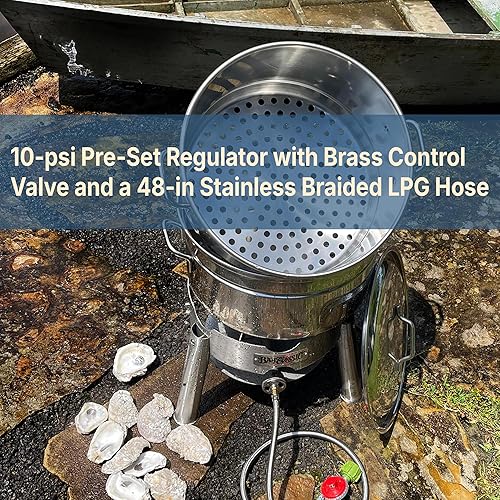 Miniatura 4 de Bayou Classic El kit de vapor inoxidable KDS-151 cuenta con asas de bucle soldadas pesadas, quemador de aluminio fundido de 4 pulgadas, regulador de