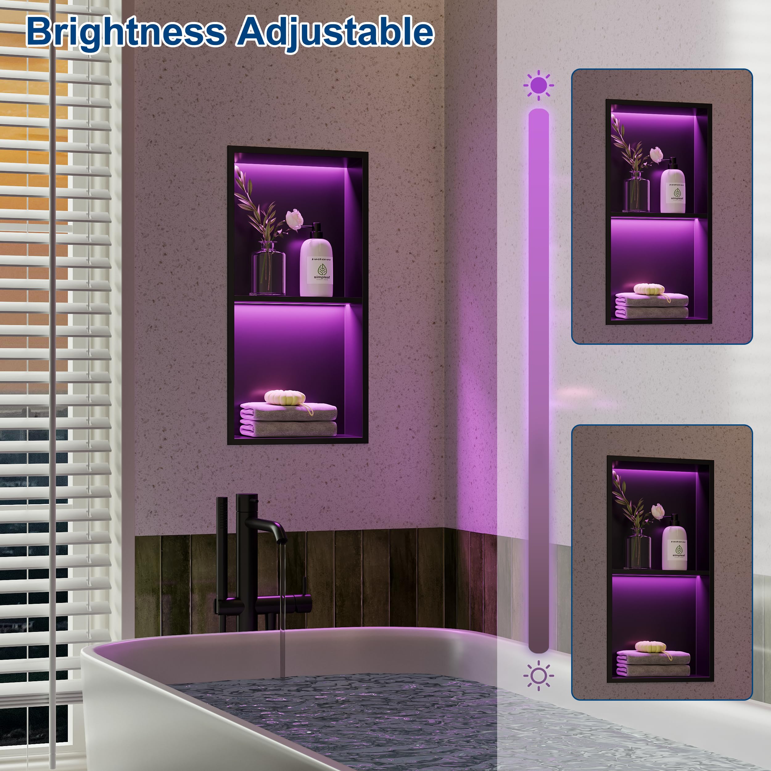 Ducha de pared de acero inoxidable con luz LED RGB, doble nicho de ducha negro con mando a distancia, 20 modos de iluminación IP68, almacenamiento para baño, 60 x 30 cm