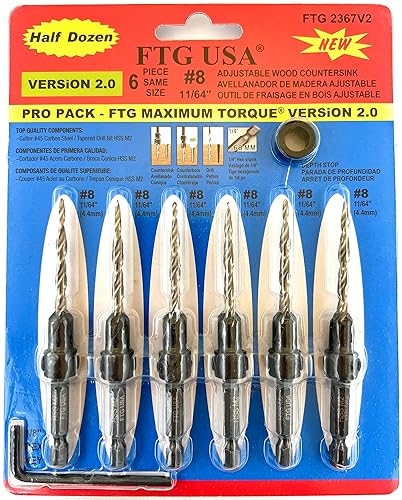 Juego de brocas avellanadoras para madera con broca cónica, 6 piezas, #8 (1164")