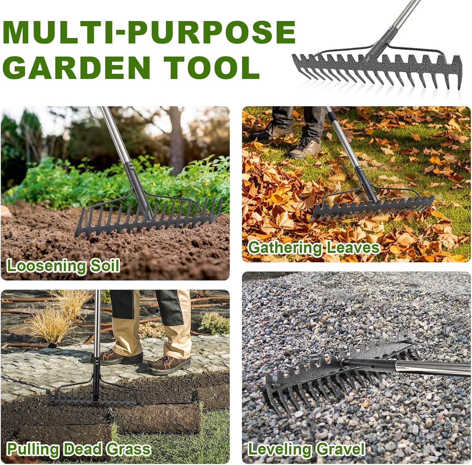 Bow Rake, 79" Heavy Duty Garden Rake with Wide 17 Tines Head & Stainless Steel Handle, Adjustable Rakes for Lawns Yard Loosening Soil Thatching Gathering Leaves Gravel