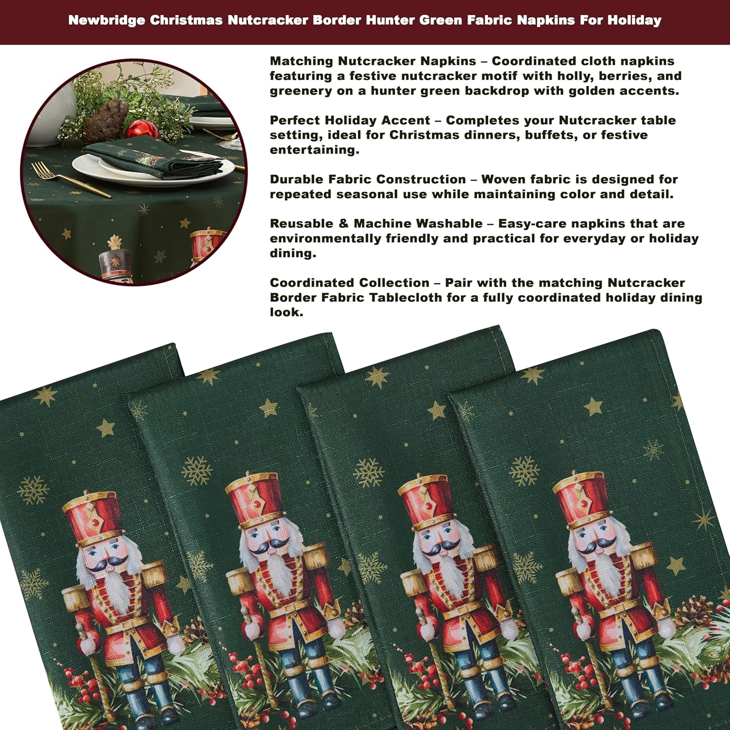 Newbridge Christmas Nutcracker Border 60 x 102 Inch Rectangle Fabric Tablecloth, Hunter Green Holiday Table Cover for Dinner Party and Banquet
