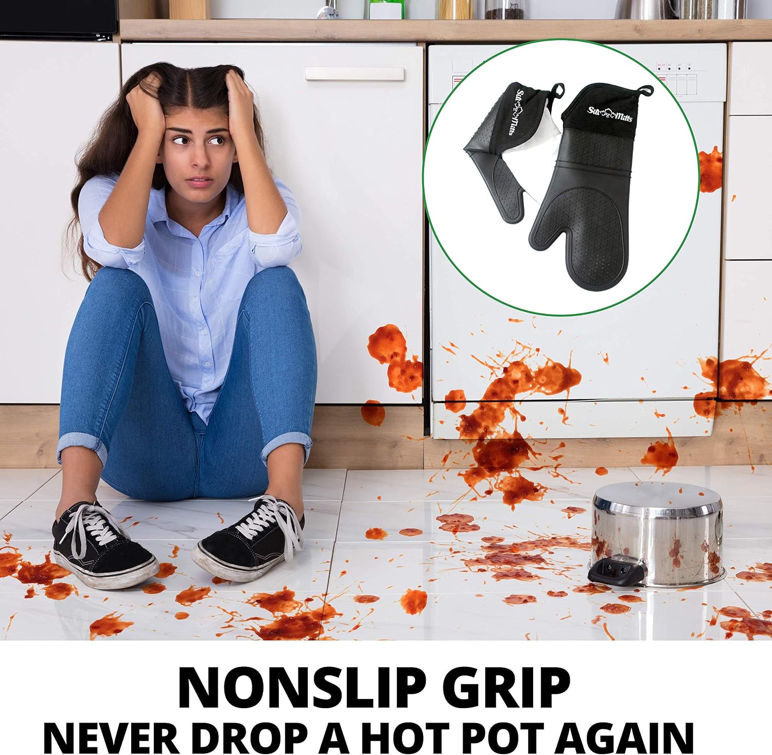 Silicone Oven Mitts Heat Resistant 500 Degrees - 2 Extra Long Silicone Oven Mitt Pot Holders - Food Safe Oven Gloves - BPA Free - Soft Inner Lining - (Black) - Frux Sili Mitts