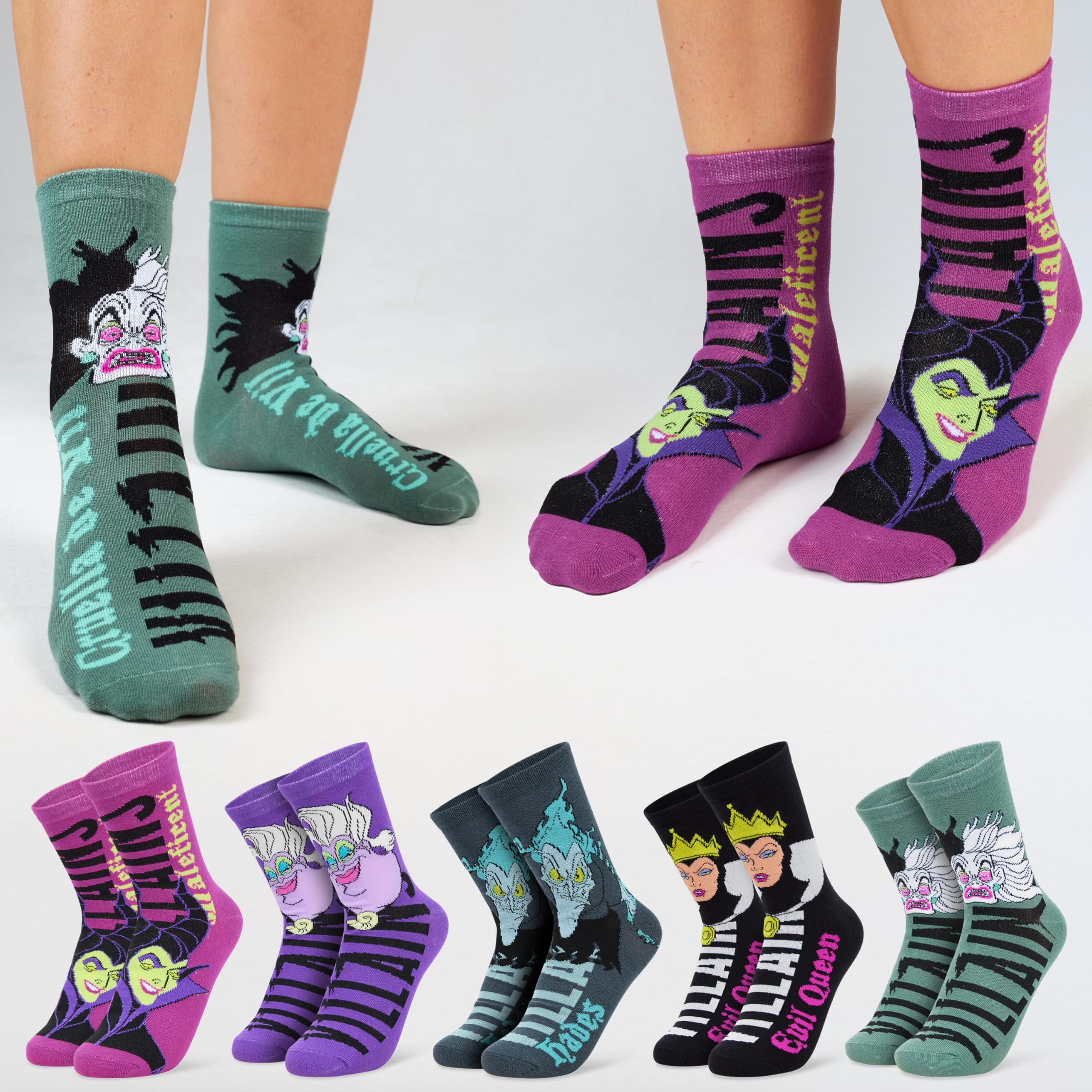 Disney Calcetines Mujer, Pack de 5 Calcetines Divertidos, Stitch, Minnie Mouse, Villanos o Jack y Sally, Regalos Originales