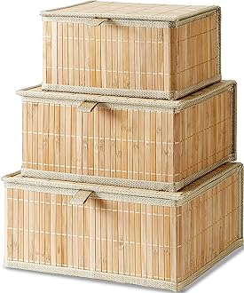 Honygebia Bamboo Decorative Storage Boxes - Set of 3 Woven Lined Storage Basket with Lids, Beige Wicker Lidded Baskets for Home Kitchen Shelf Organizer Decor