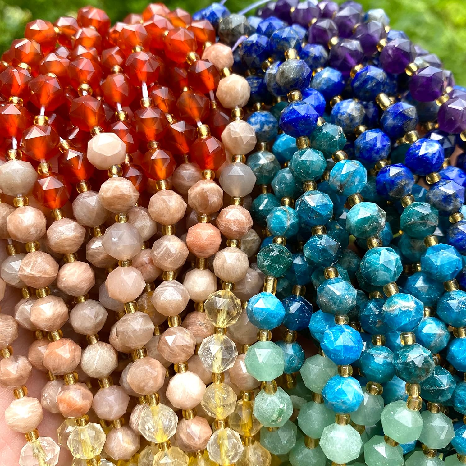 ABCGEMS Seven Chakra Beads (The Ultimate Combination of The Strongest Energy Stones) Honey Citrine, Peach Moonstone, Amethyst, Apatite, Lapis, Carnelian, Aventurine - Satellite Tiny 6mm