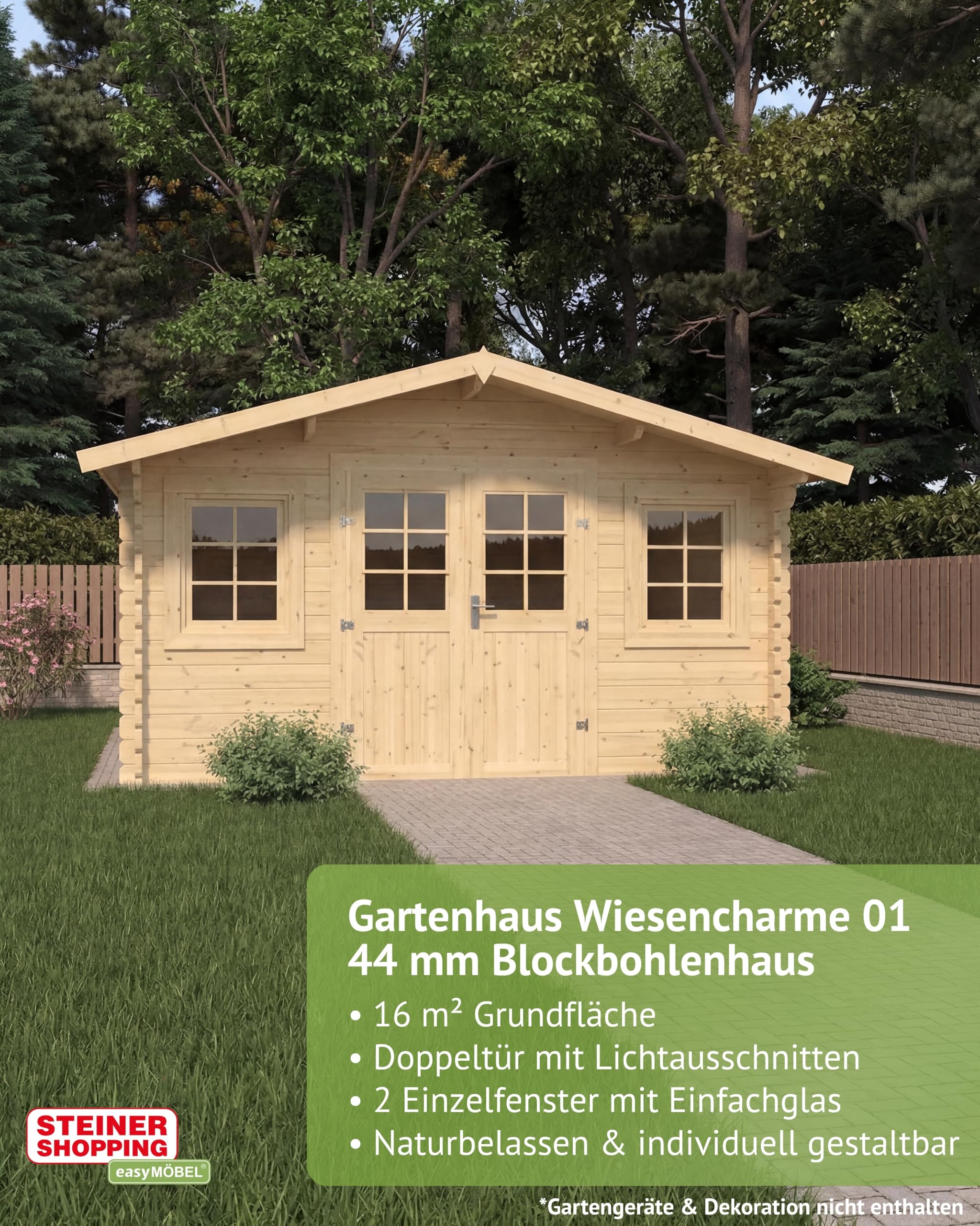 Steiner Shopping Gartenhaus Wiesencharme 01 I 44 mm Blockbohlenhaus aus naturbelassenem Holz I Außenmaß 400 x 440 cm I Großzügiges Gartenhaus mit Satteldach, Doppeltür & 2 Fenstern