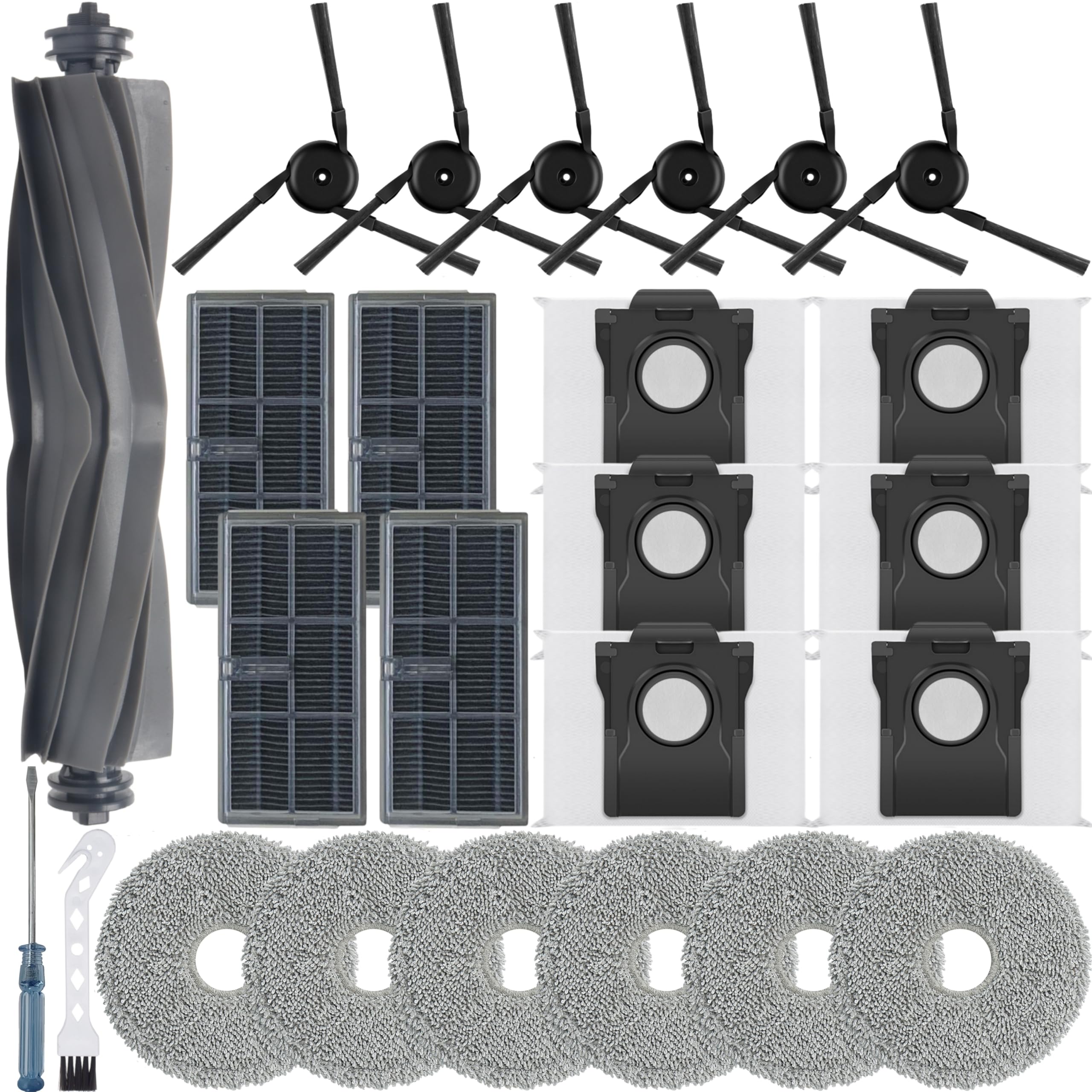 23Pcs Replacement Parts for Dreame X40 Ultra/L40 Ultra/MOVA P10 Pro Ultra Vacuum Cleaner Accessories Kit,1 Main Brush 6 Mop Pads 4 Hepa Filters 6 Side Brush 6 Vacuum Bags