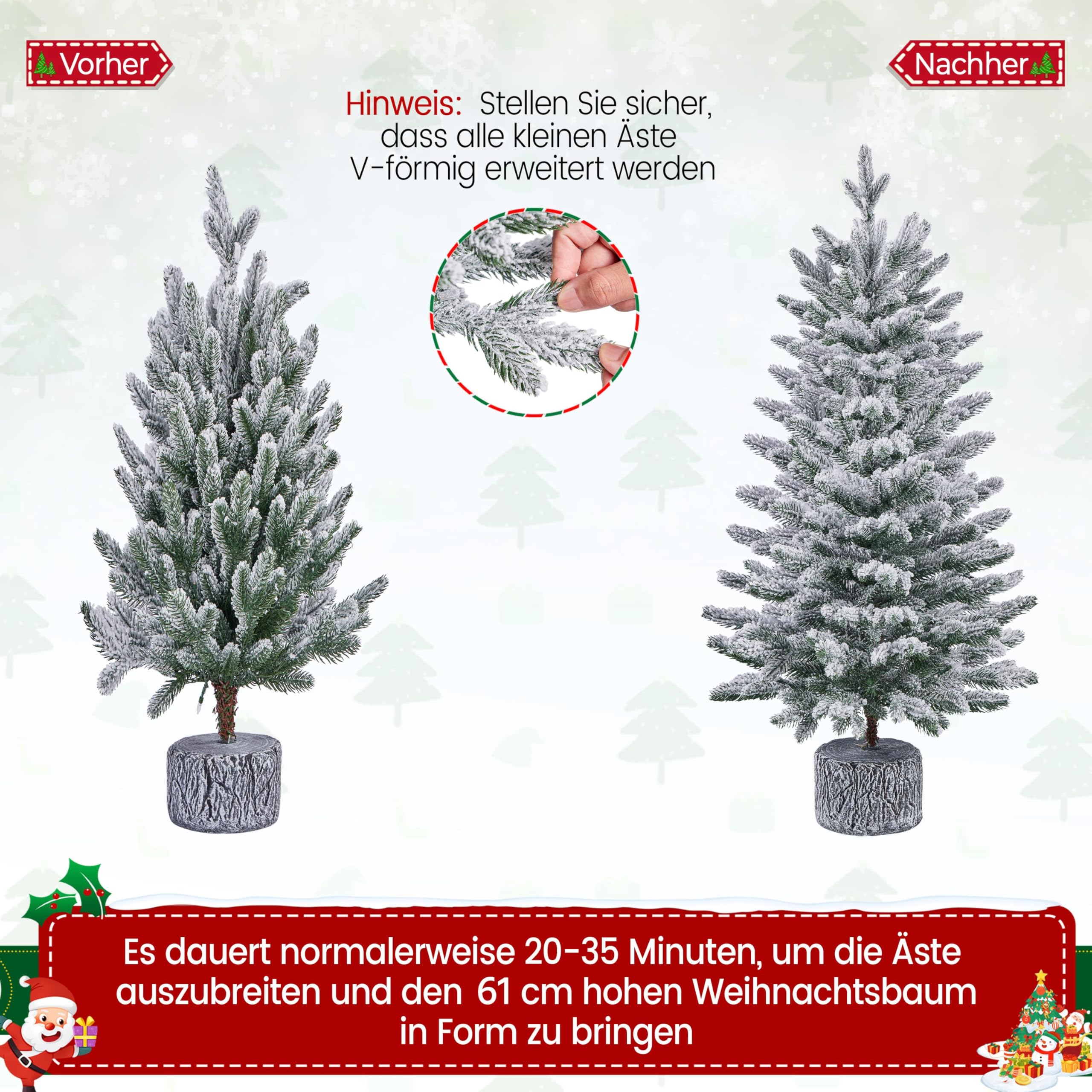 Yaheetech 92 cm Mini Künstlicher Weihnachtsbaum mit Schnee, Eingetopfter Tannenbaum mit 50 LEDs in Warmweiß und 355 Spitzen, Schneebedeckter Beflockter Kleiner Christbaum