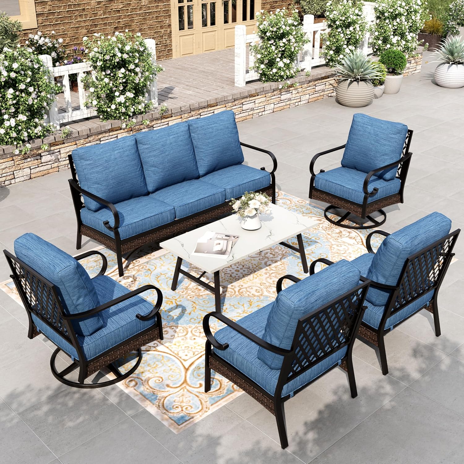 HERA'S HOUSE 6 Piece Metal Patio Furniture Set, All Weather Outdoor Conversation Set with 3-Seat Sofa, 2 Swivel Chairs, 2 Fixed Chairs & Coffee Table, 7 Seats for Backyard, Garden, Deck, Pacific Blue