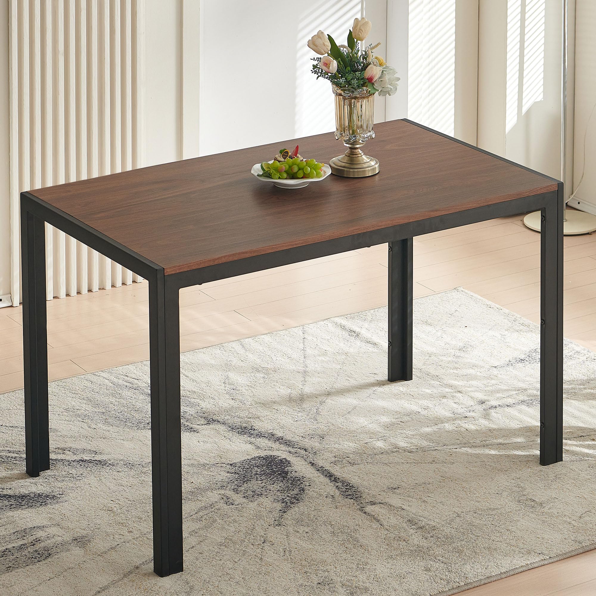 47" Dining Table, 4-Person Indoor Walnut Wood Grain Effect Table with Metal Legs, Rectangular Kitchen Table for Dining Room, Kitchen, Home Office, and Small Spaces
