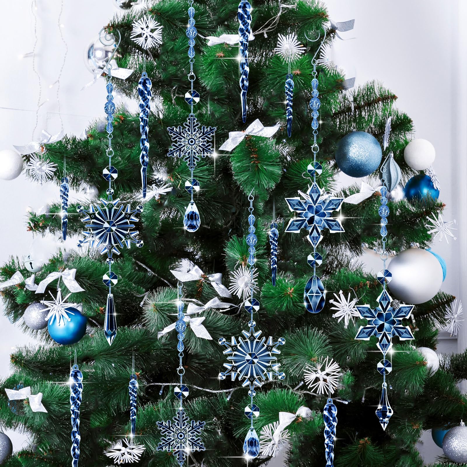 Giegxin Lot de 32 décorations de Noël en cristal à suspendre en acrylique avec crochets pour sapin de Noël (bleu foncé)