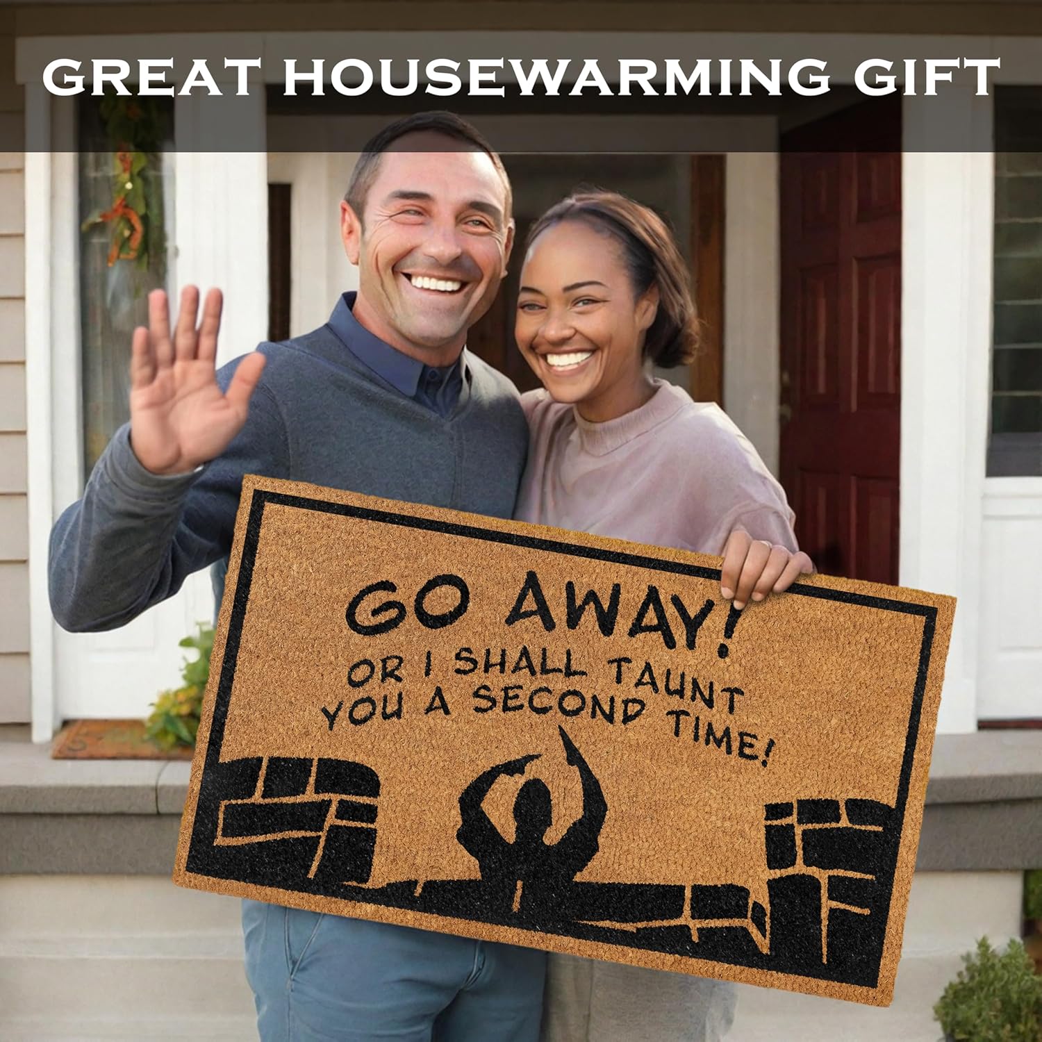 MAINEVENT Go Away or I Shall Taunt You 30x17 Inch, Funny Monty Doormat for Covered Outdoor Area, Monty Gift, Holy Grail Gift, Go Away Welcome Mat, Geek Decor, Nerd Gift