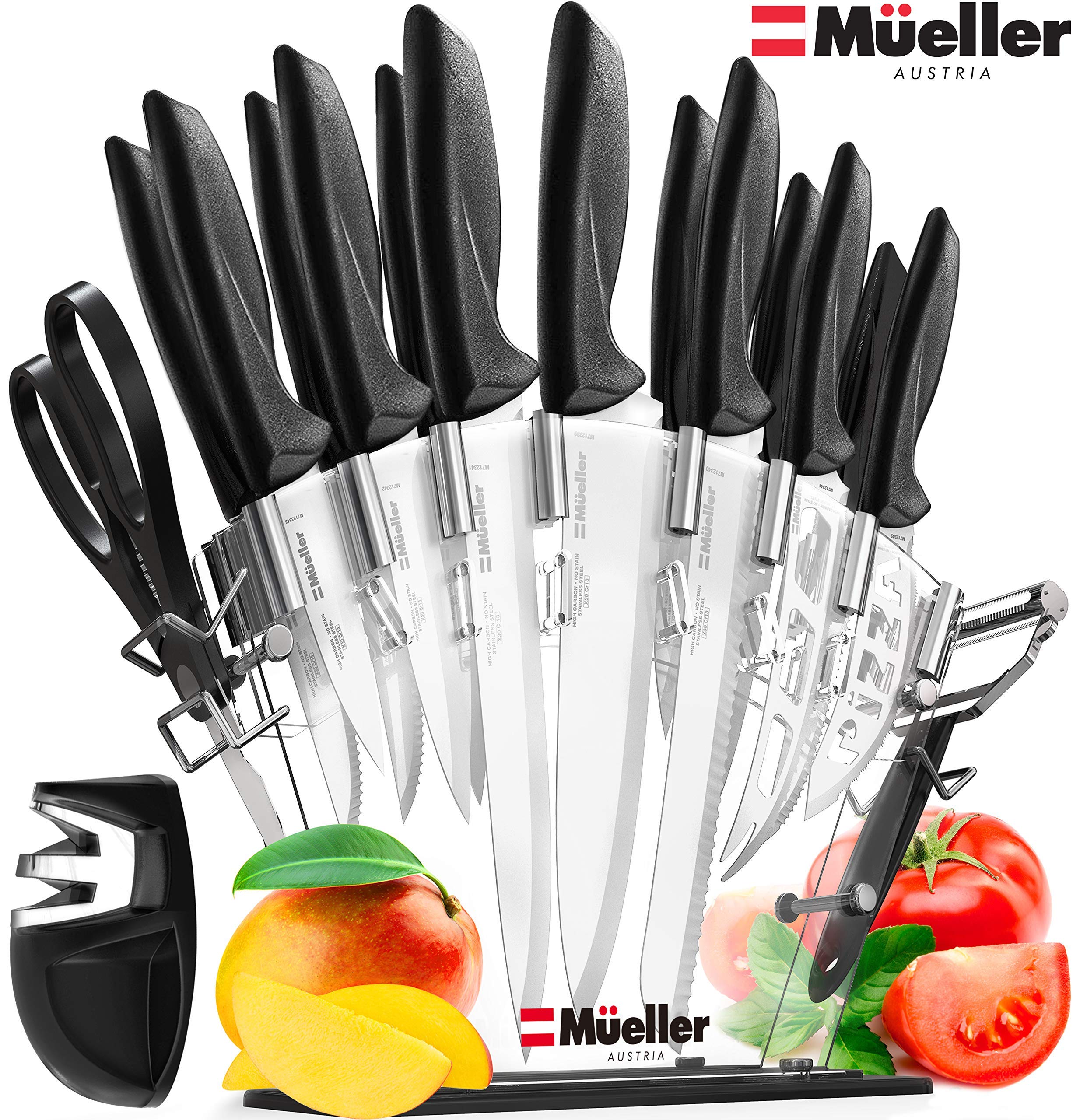 Stainless Steel Knife Set with Block - 17 Piece Carving Set with Knife Sharpener, Bonus Peeler Scissors Cheese Pizza Knife and Acrylic Stand by Mueller Austria
