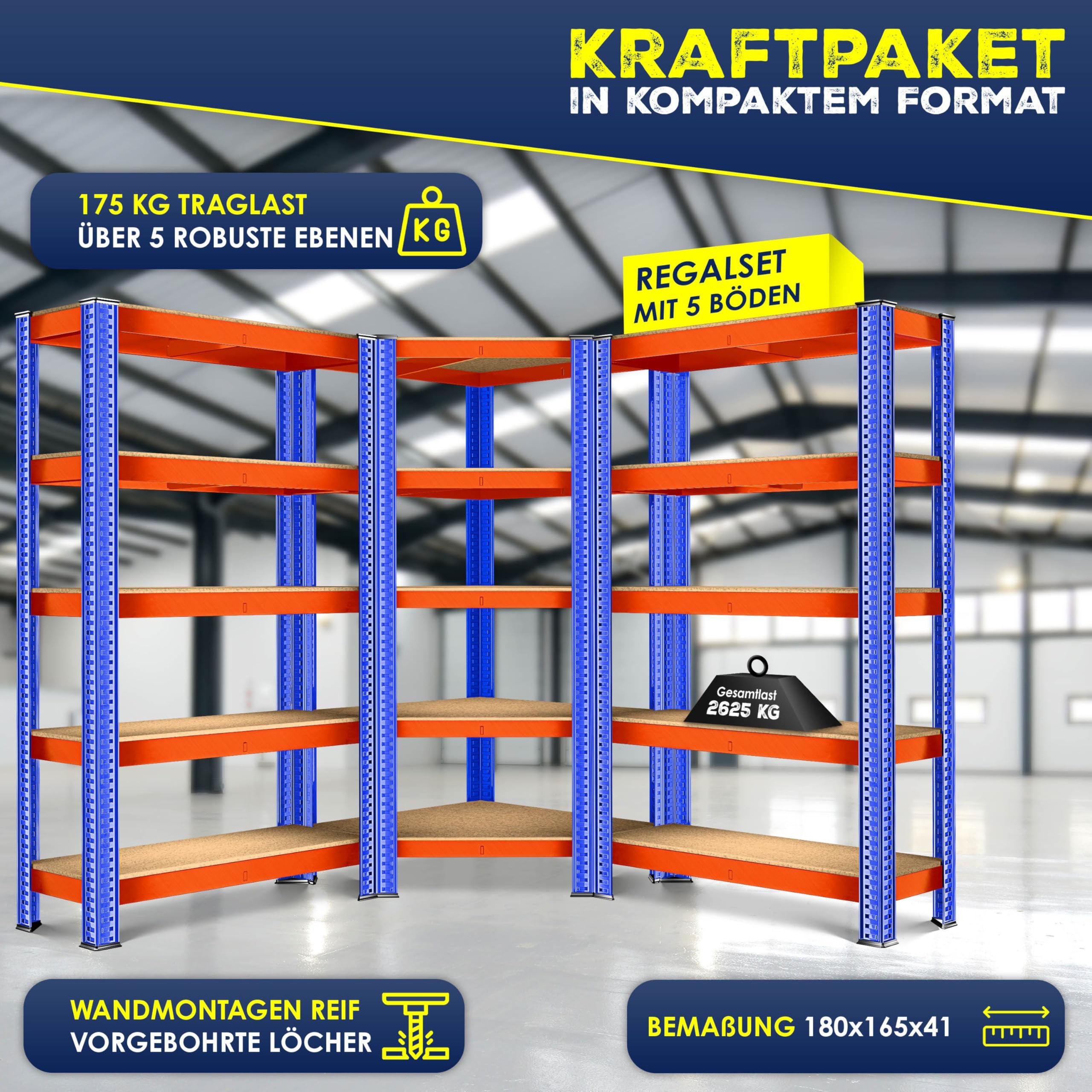 KESSER MASKO® 3-częściowy zestaw regałów, metalowy, regał magazynowy, 1 x regał narożny i 2 x regał magazynowy, 15 półek | płyta MDF, regał warsztatowy, do piwnicy, garażu, regał wtykowy do dużych