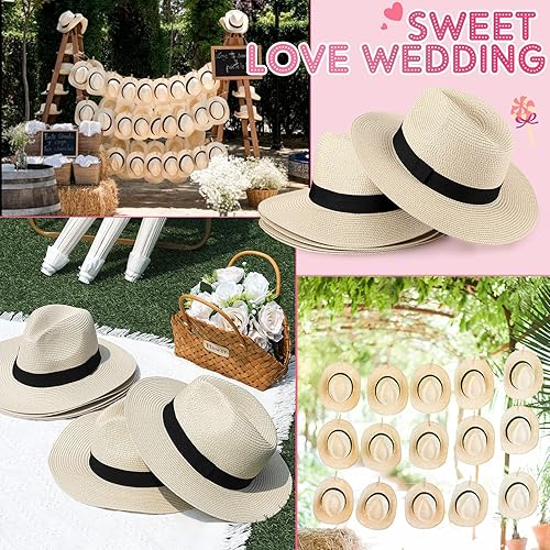 Miniatura 7 de Silkfly 12 sombreros de paja Panamá enrollables, sombrero de ala ancha, sombreros de sol para mujer, verano, playa, viajes, fiesta, disfraz (beige)