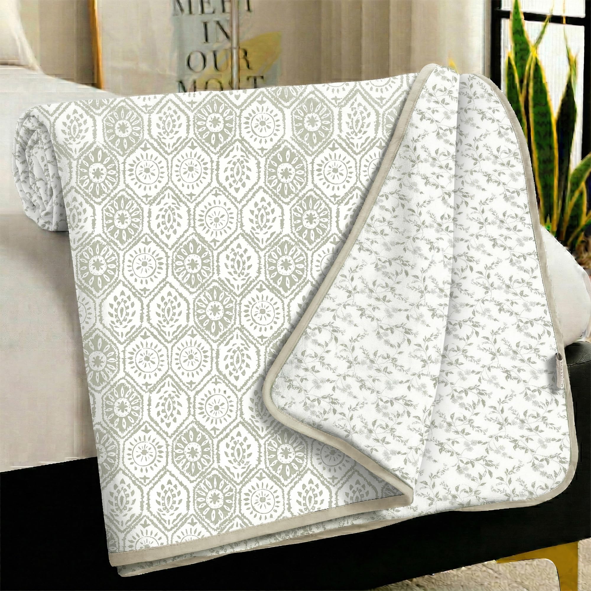 Story@Home AC Comforter Single Bed Cotton 100% | 150GSM 144 X 220 CM Quilt AC Blanket for Summer | Dohar Single Bed |Ivory & White, Leaves & Abstract Reversible Design Duvet | All-Season Blanket