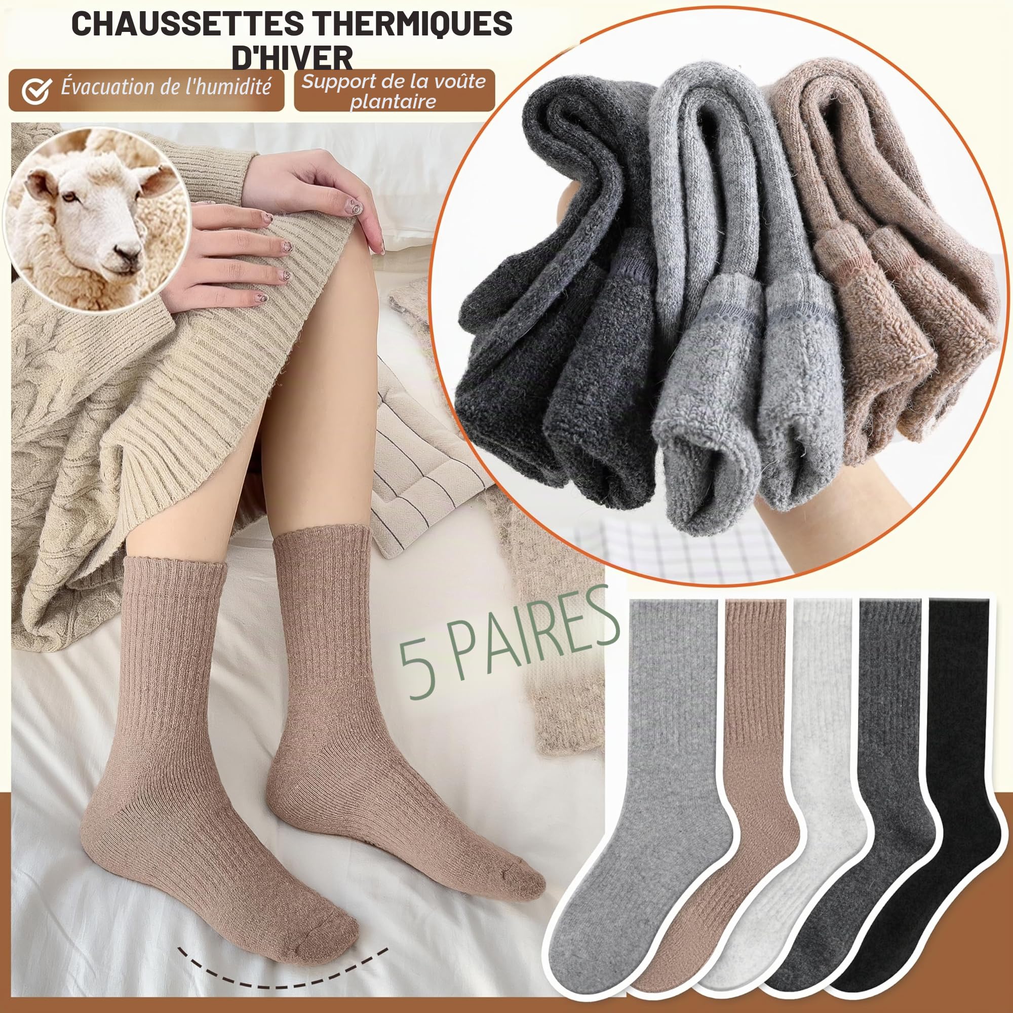 EBMORE 5 Paires Chaussettes Chaudes Femme Hiver en Laine Mérinos, Taille UE 37-43, Chaussettes Épaisses Chaude Thermiques pour Femme
