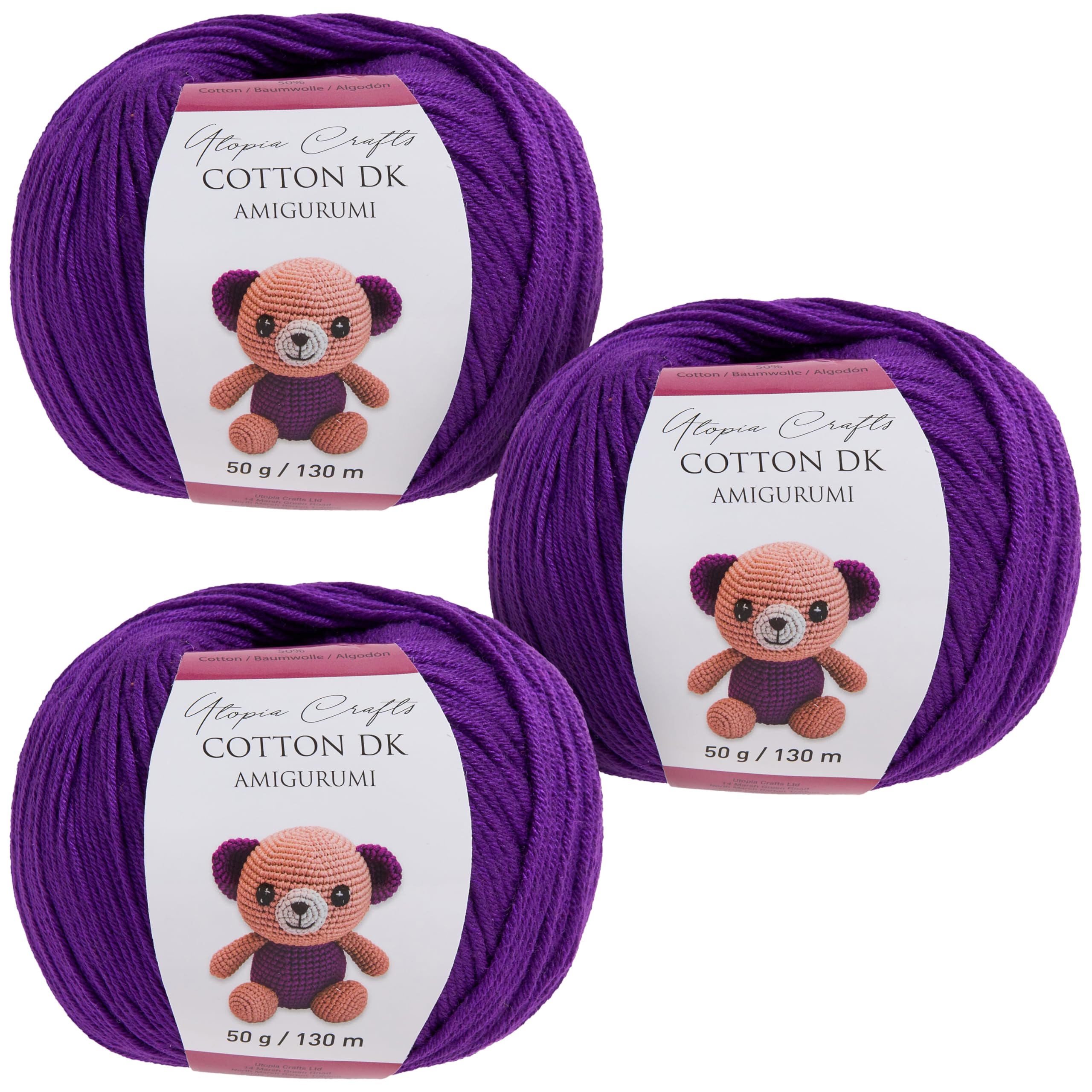 Utopia Crafts Amigurumi Cotton DK Yarn for Crochet and Knitting 50% Cotton, 50% Acrylic Blended, 3X 50g (Purple)